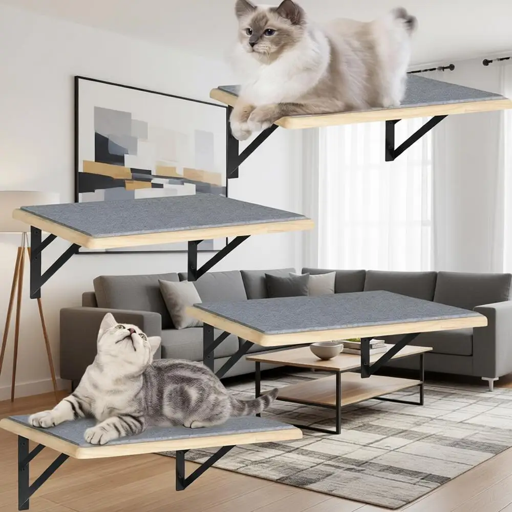 

Set of 4 Wood Cat Furniture Indoors - Climbing Shelf with Wall Mounted Scratching Pad & Hammock for Big Cats