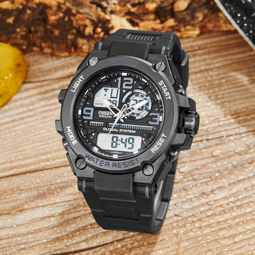 OHSEN Fashion Outdoor Sport Watch Men Multifunction 5 Bar Waterproof Black Military Digital Wristwatches Clock Relogio Masculino