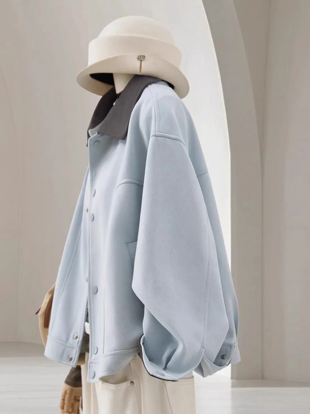 

Large Size 300 Pou Light Blue Splice Collar ort Jaet Men's Autumn Winter Retro Suede Upper Body Faion Youth