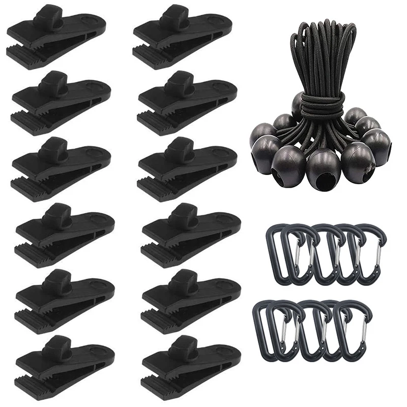 

30Pcs Canopy Awning Clip Heavy Duty Lock Grip Tent Fasteners Awning Clips Tarp Clamps W Bungee Ball Cords Carabiners For Tarps