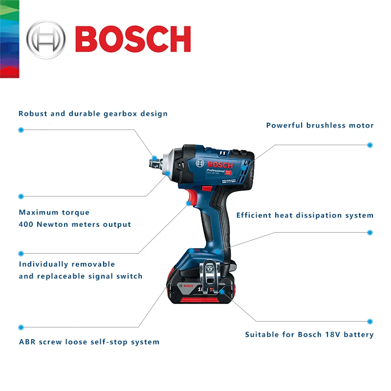 Bosch Impact Wrench 18V Brushless Lithium 400N.m High Torque Rechargeable GDS 18V-400 Electric Wrench Cordless Power Tools