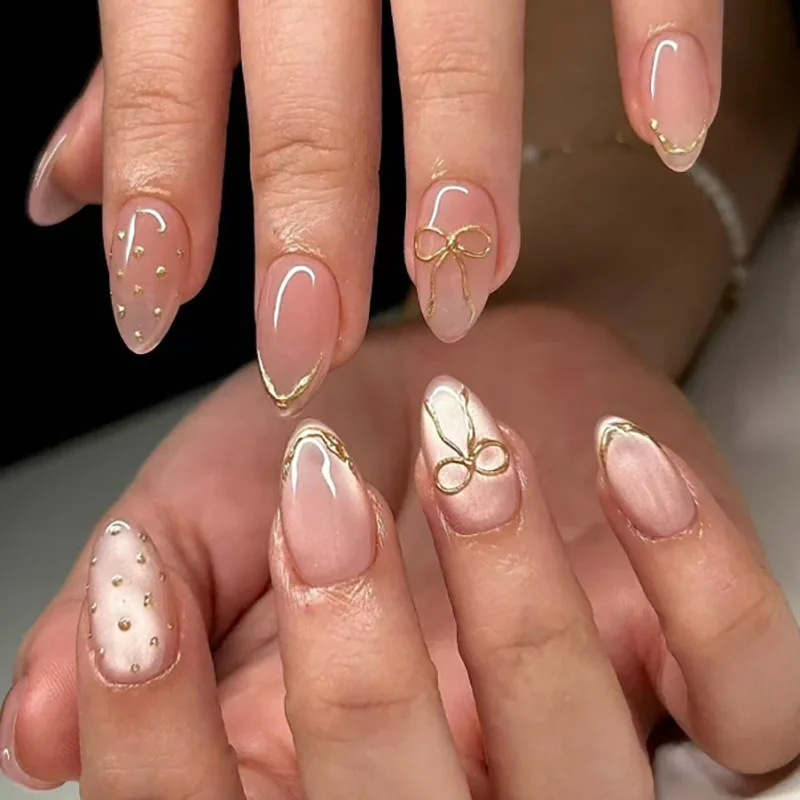 

24PCS Nude Pink Almond Press on Nails Gold Bow Line Sweet French Crystal Studded Minimalist Elegant Style Reusable False Nails