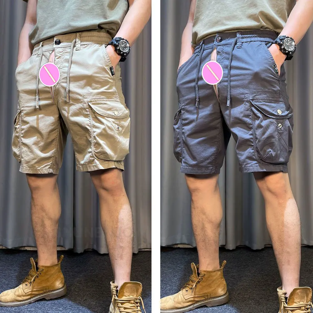 Invisible Open Crotch Pants Thin Retro Elastic Waist Men's Belt Pocket Casual Cargo Shorts Outdoor Sex Convenient  Men Clothing