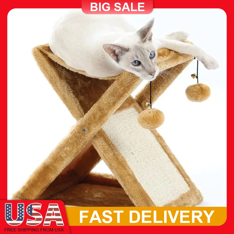 

Foldable Cat Tree Scratching Post with Hanging Toys Multi Level Perch Climbing Tower for Indoor Kittens Playhouse Pet Furniture