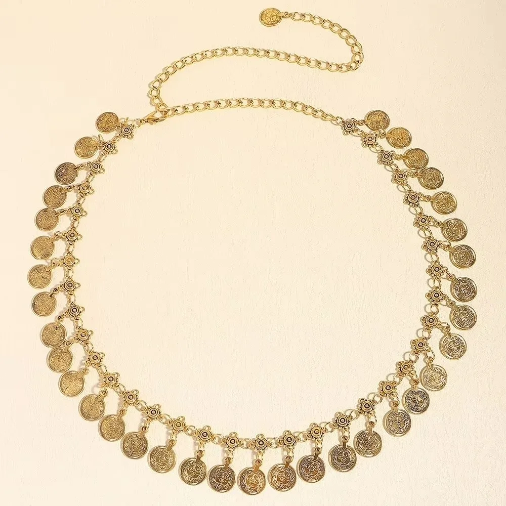 سلسلة بطن معدنية كلاسيكية على الطراز العرقي، تصميم شرابات ذهبية/فضية، حزام خصر يهز العملات المعدنية، سلسلة خصر للنساء