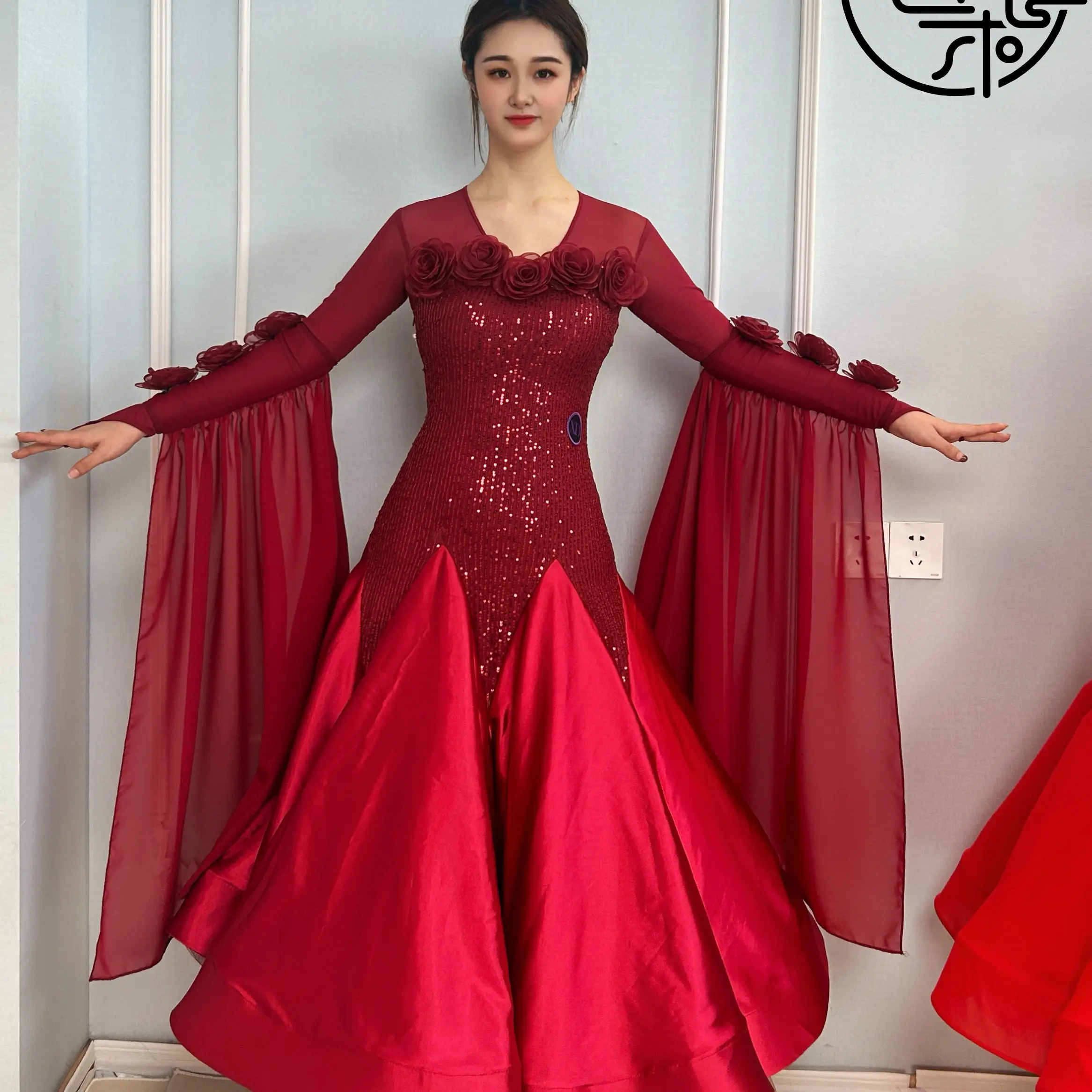 

Wine Red Ballroom Dance Competition Dress Women High End Flowers Sequins Large Hem Long Dress Prom Performance Costume BL18284