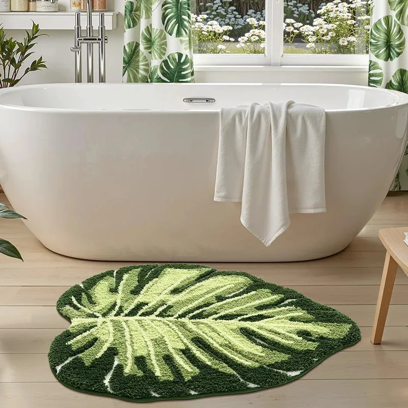 VIKAMA Non-Slip Bath Mat Green Leaf Design Bathroom Floor Mat Machine Washable Soft Shower Mat Suitable for Bedroom Home Decor view 3