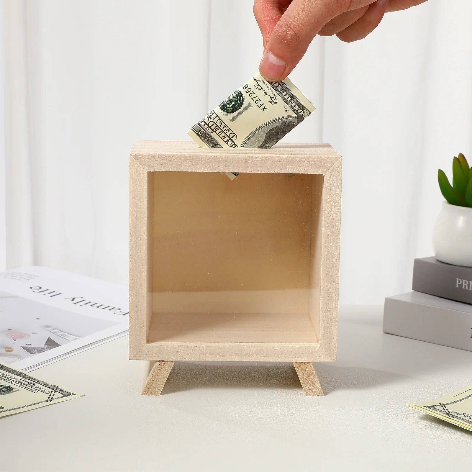 Transparent Window Wooden Piggy Bank Money Storage Box Coin Bank For Adults Desktop Savings Jar Wood Piggy Bank Container Home - Image 5
