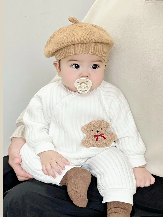 Adorável Thiened algodão bebê Rer outono inverno casa lazer solto terno aderente redondo Ne Long Sve botão único Clo...