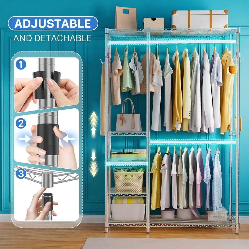 Perchero para ropa de resistencia industrial: capacidad para 450 libras, colgar y estanterías ajustables, armario de metal, acabado cromado