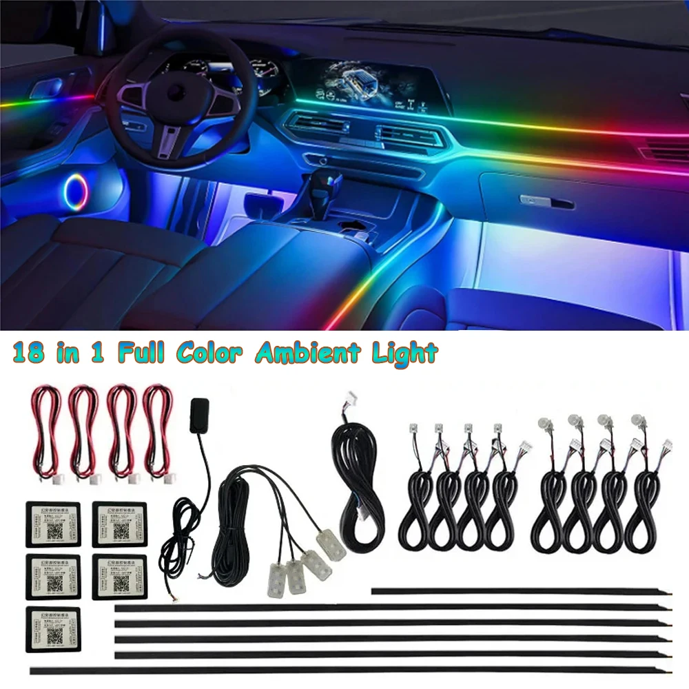 18 In 1 Full Color Streamer Car Ambient Lights RGB 64 Color Universal LED Interior Hidden Acrylic Strip Symphony Atmosphere Lamp