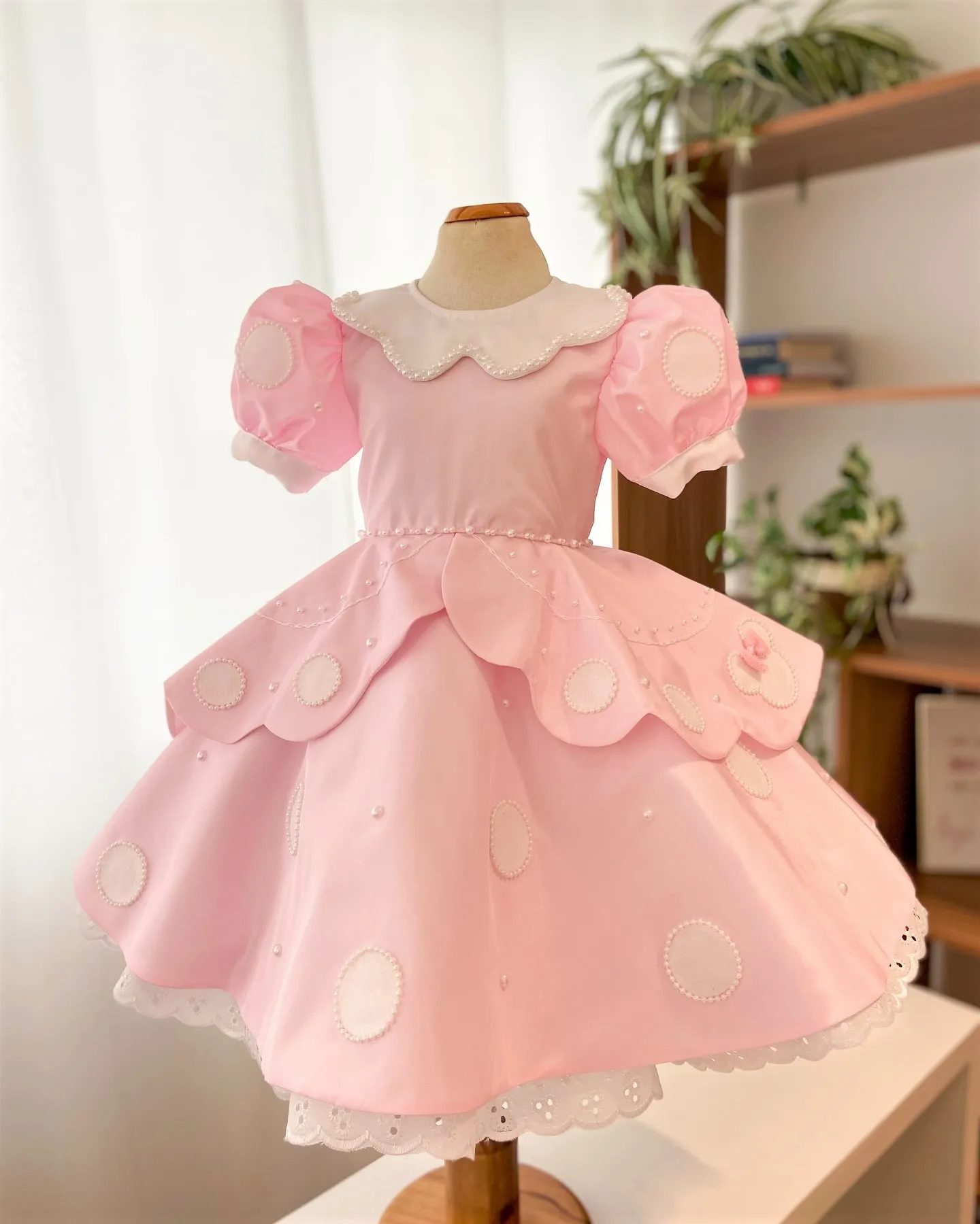 Summer Baby Girl Lolita White Round Pearl Lace Bow Pink Puffy Dress For Casual Party Birthday Wedding Photography