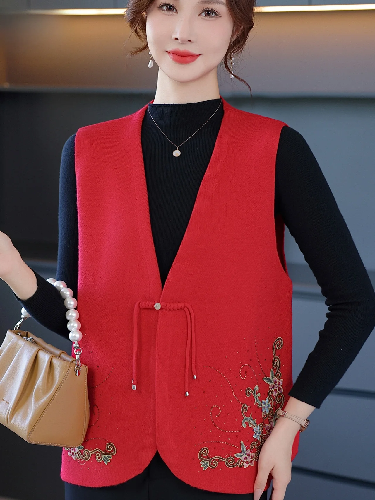 

Spring Autumn Knitted V-Ne Vest ly Women Faion Antistatic Windproof Warm Embroidered Open Cardigan Chinese Sle Out...