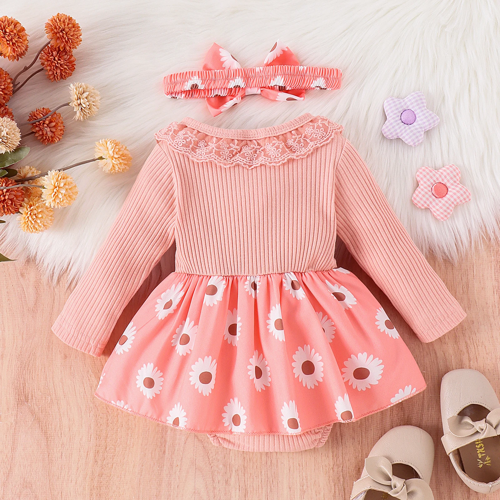 2PCS Autumn Girls Aged 0-1 Are Sweet And Cute, Multi-Color Long-Sleeved Lace Collar One-Piece Skirt + Hair Band