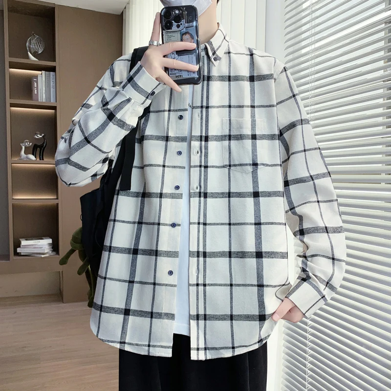 

Повседневная рубашка в клетку с длинным рукавом для подростков, свободного кроя, модная, весенне-осенняя, мужская, из полиэстера и хлопка