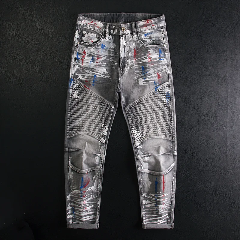 

Fashionable graffiti printed jeans for men, retro and trendy, high-end slim fit, small foot splicing, heavyweight pants