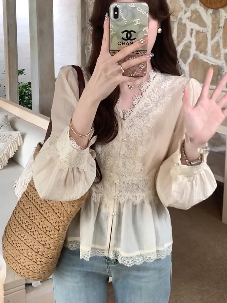 

Ele Long Sve V-Ne Lace Hook Flower irt Women's Faion Spring New plus Size Tea Break Sle Chic Top Snow Dr