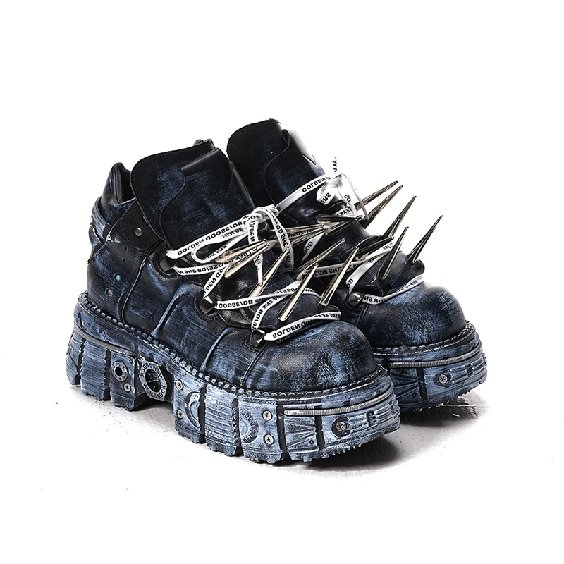 

Trendy brand old tank thick soled leather shoes men's metal spike design dark dad shoes punk height shoes