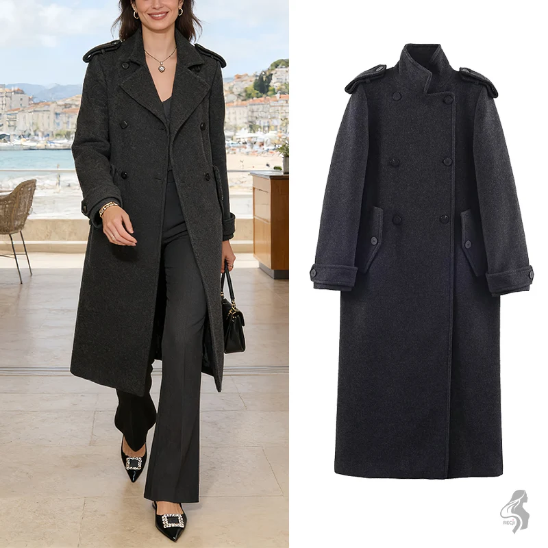 

Womens Long Stand Collar Coat With Epaulettes And Double Breasts Retro Cool Commuter Jacket For Autumn And Winter Woman Clothes