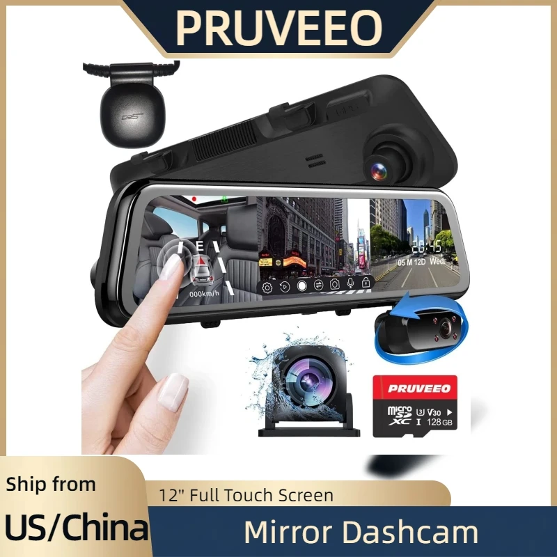 

PRUVEEO 128G DashCam 2K 3 Channel Dash Cam Front and Rear Inside 12'' Full Touch Screen Rear View Mirror Car Camera IR