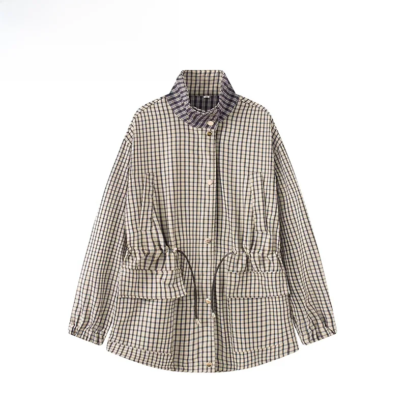 

Fashionable Plaid Long Sleeve Stand Collar Waist-Cinching Spring New Women's Outerwear Versatile Polyester Standard Fit Zipper