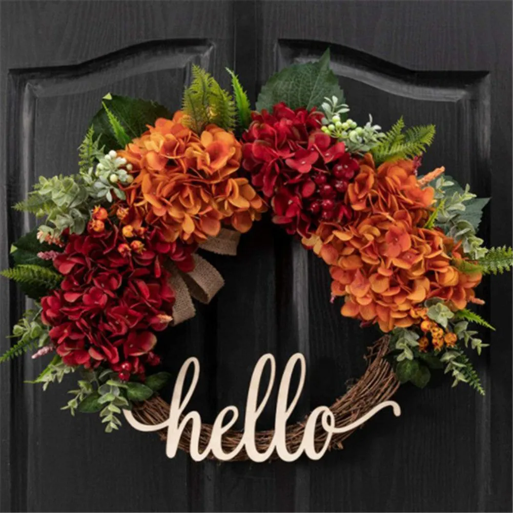 

45CM Artificial Door Wreath Hydrangea Garland Front Door Decoration Wall Background Decorative Hello Sign Wreath New Year Decor