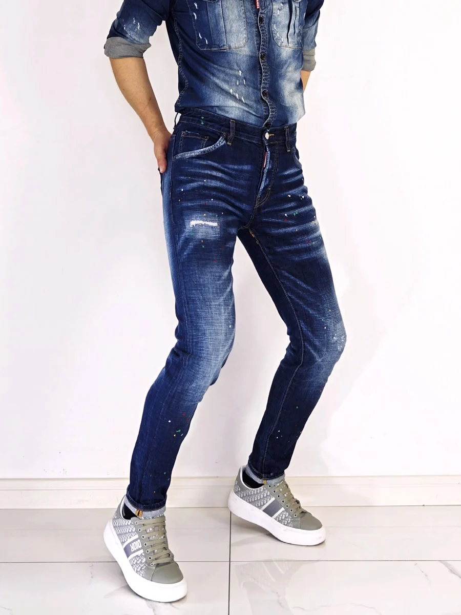 

Темно-синие летние тонкие джинсы с отверстиями D2, мужские модные брендовые элитные хлопковые эластичные джинсовые брюки с вышивкой