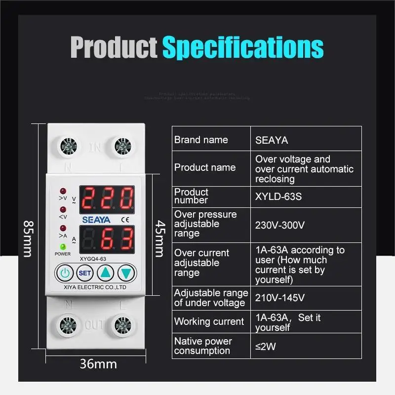 SEAYA 220V Power Automatic Voltage protection Din Rail Dispaly Single Phase Voltage Protector Limit Over Current Protection