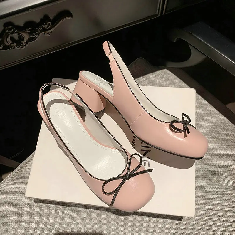 Genuine Leather Sweet Bowtie Knot Lady Summer Slingback Shoes Silver Pink Light Purple Square Chunky Heels Women Luxury Sandals