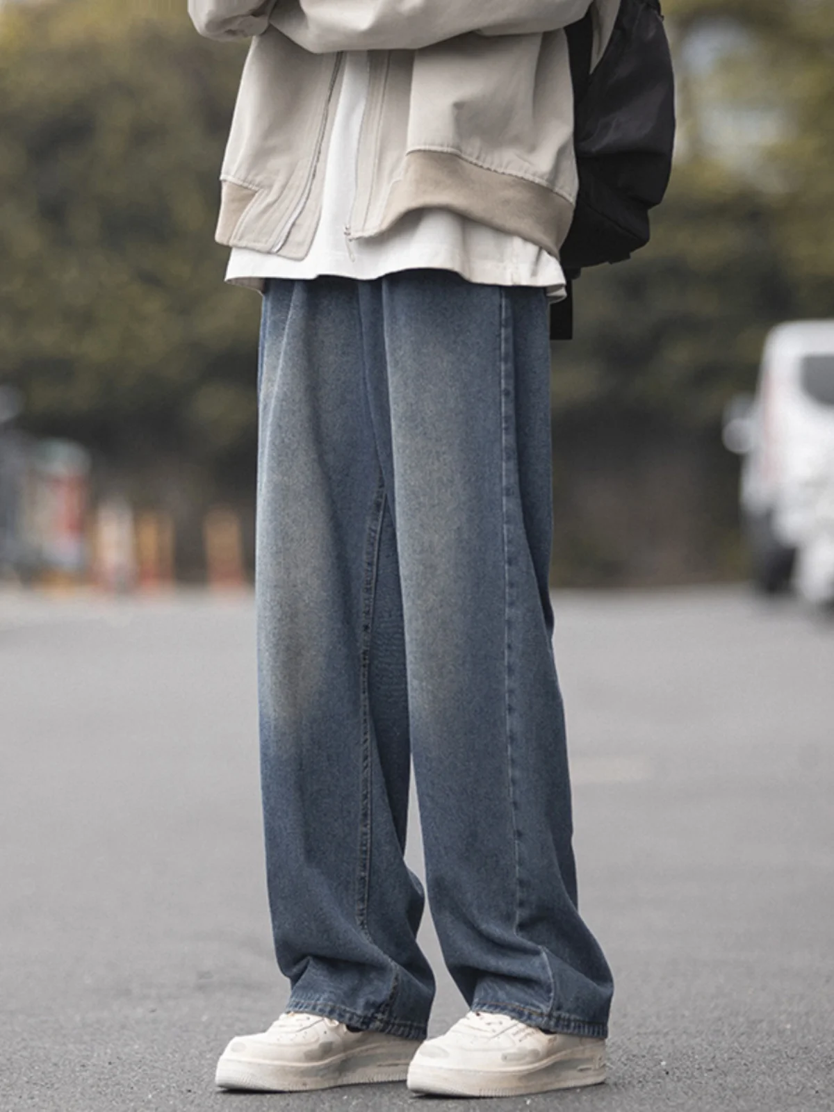 

Washed Jeans Men's Spring Autumn High Street Vibe Trendy Brand Loose Straight Leg Casual Long Pants Cotton Polyester Blend