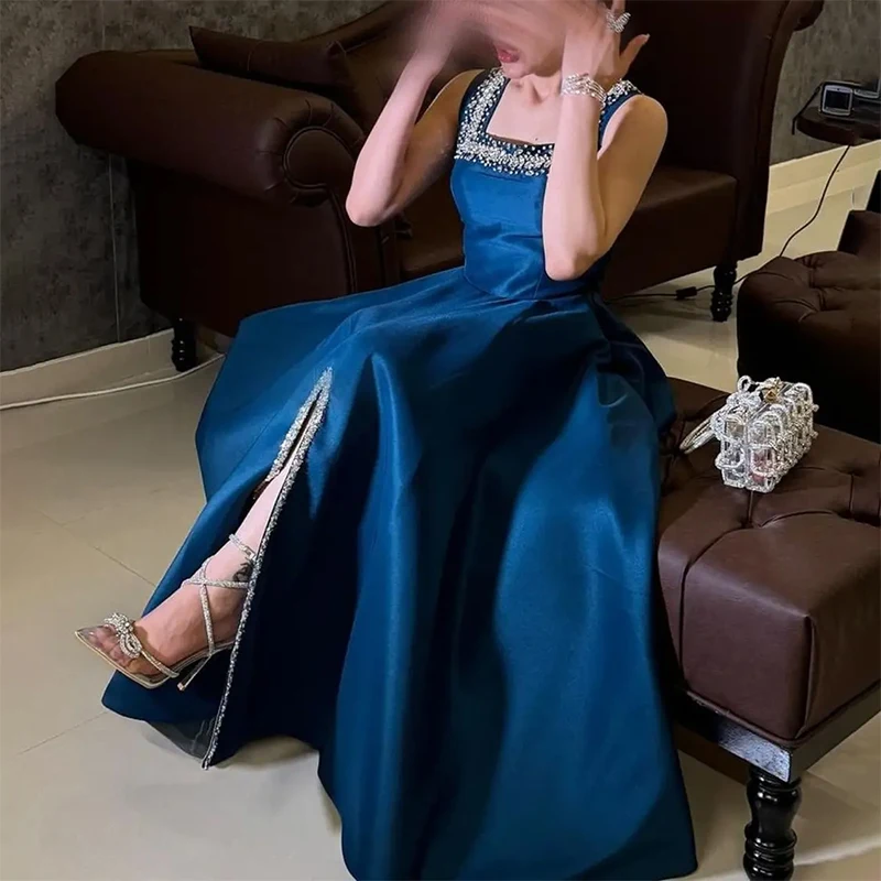 Blue Square Neck Sleeveless Evening Dresses Women  A-line Backless Beaded Low Fork Party Prom Dresses Customized