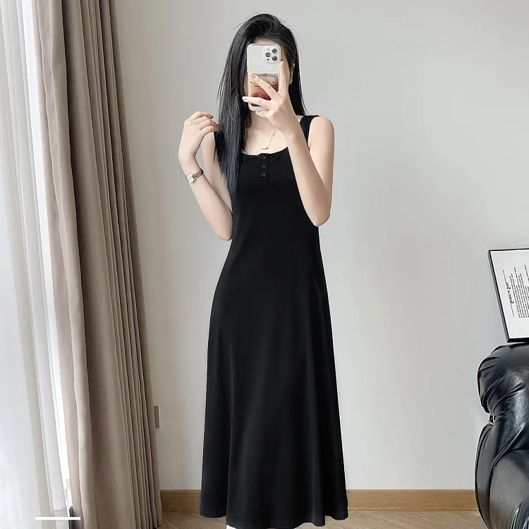 

Ice Silk Long Over-knee Button Suspender Summer Loose Dress for Women