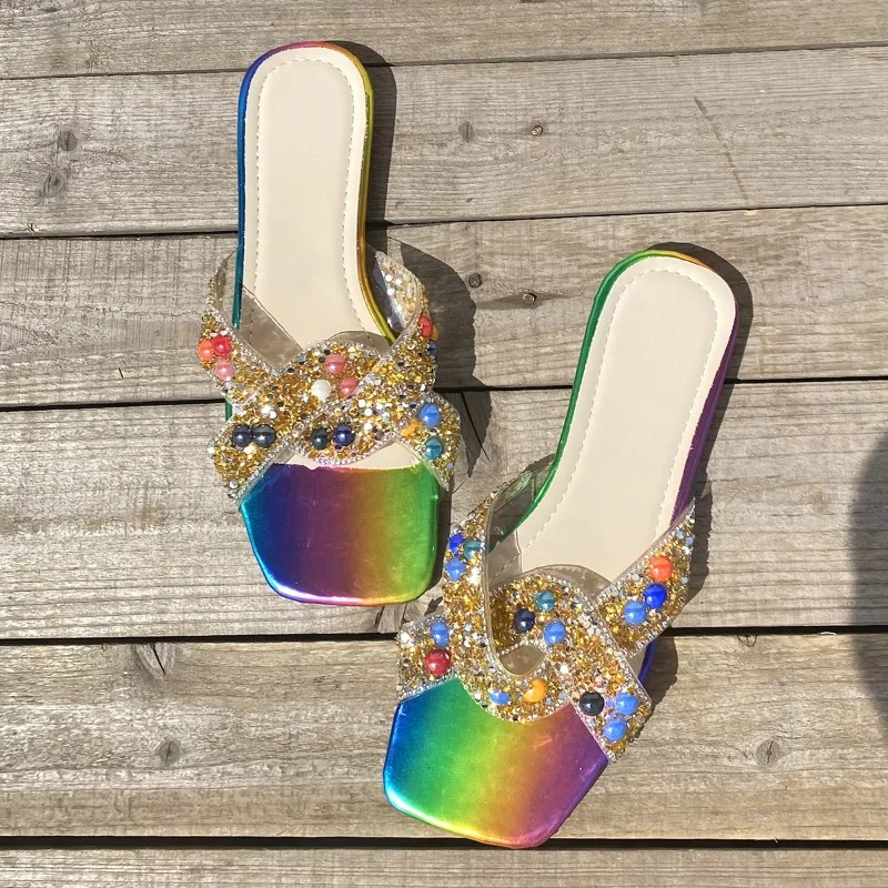 Summer Women's Shoes High Quality Women's Slippers New Hot Selling Colorful Rhinestone Trimmed Large Size Women's Flat Shoes