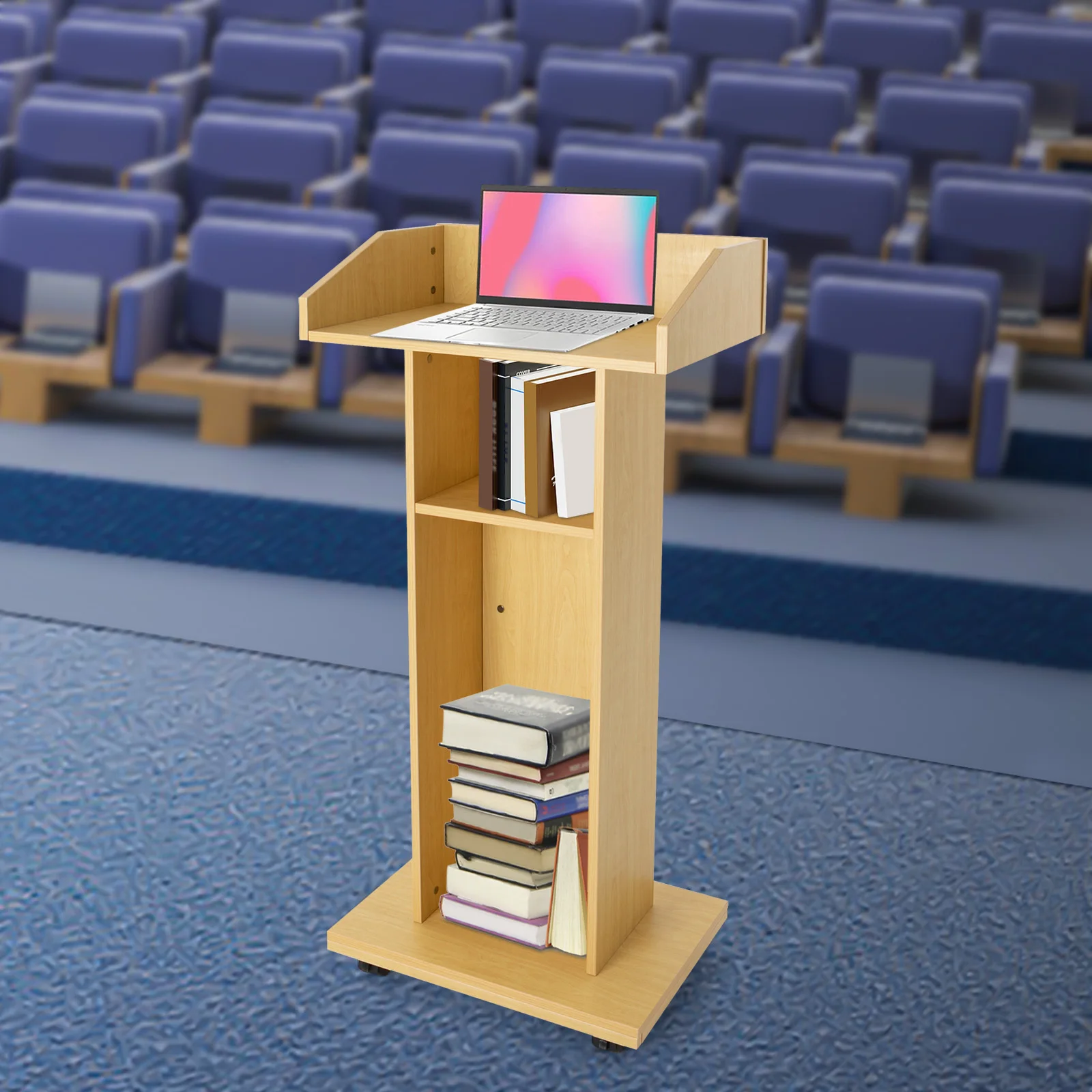 

Oak-colored Plate 22x15.3x43.3 Inch Mobile Platform, Four-wheel Brake, Three-layer Storage, Portable Speech Display Platform