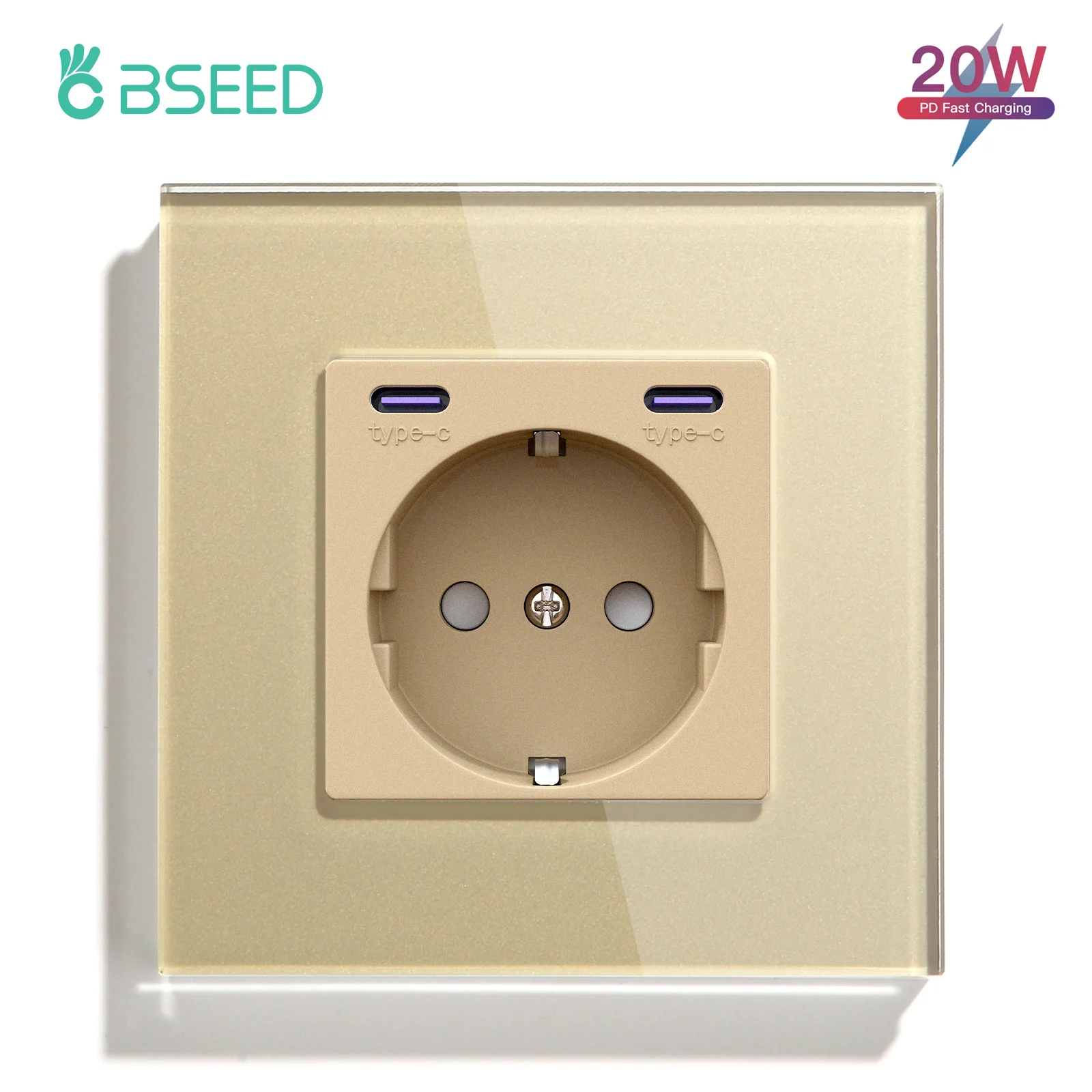 BSEED PD Schnelllade-USB-Typ-C-Wandsteckdose, EU-Standard-Steckdosen, Doppelsteckdosen, Glas, dreifache Steckdosen, Wandmontage