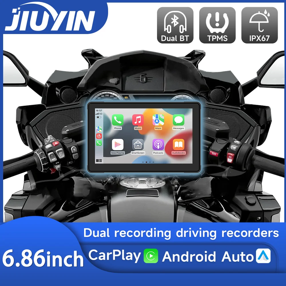 JIUYIN Motorcycle GPS Navigation Carplay Touch Screen Display Recorder IPX7 Waterproof Wired Wireless BT Android Auto Monitor