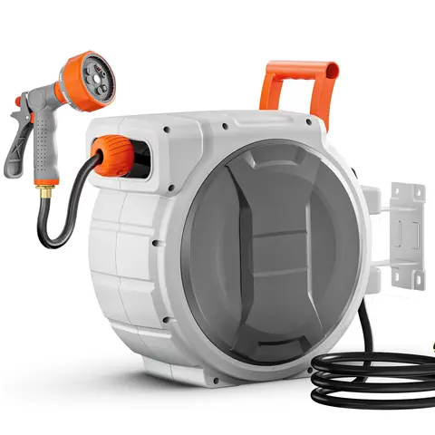 SucceBuy 5/8 Inch x 100ft Retractable Garden Hose Reel with 9 Patterns Nozzle Upgraded Slow Return System and 180°Swivel Bracket