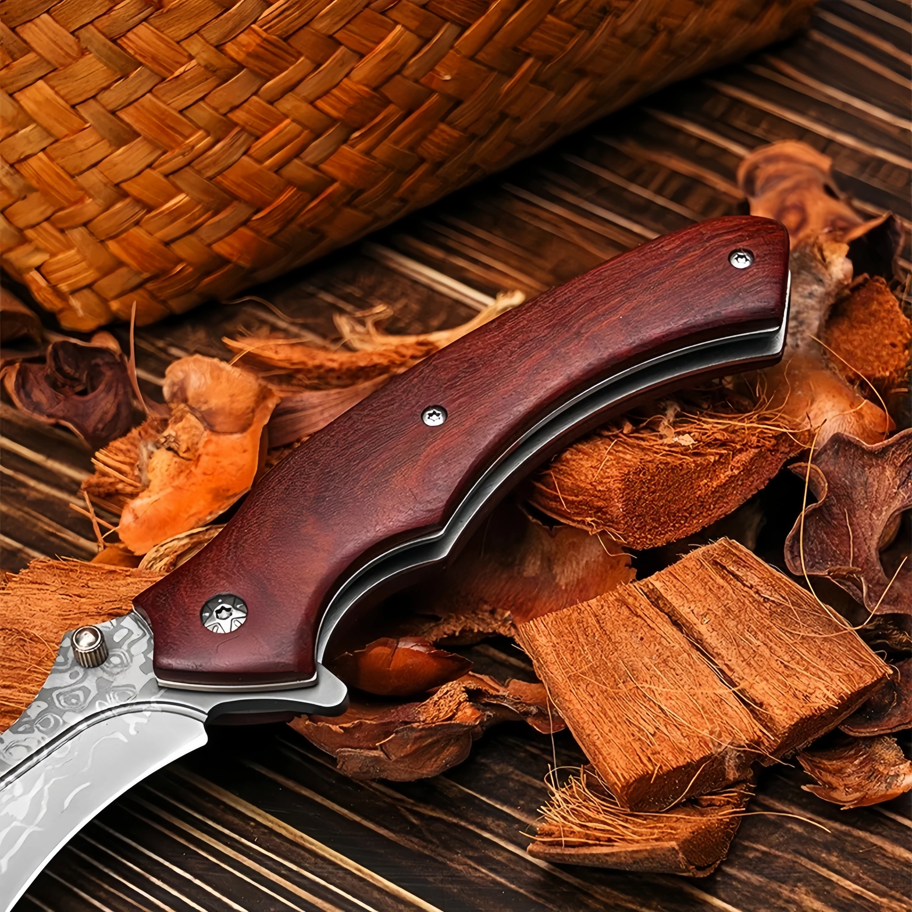 Damascus Pattern Folding Knife with Wooden Handle High Hardness Outdoor Survival Knife Self-defense Knife and Fruit Knife