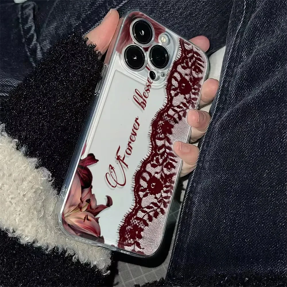 Lily Flower Red Lace Phone Case For Samsung Galaxy S26 S25 S24 S23 S22 S21 S20 Note20 Note10 Edge Plus Ultra Lite 5G Clear Cover