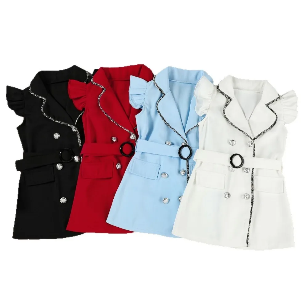 2026 Summer Girls Two-Piece Dress European American Style Stylish Double Breasted Dress  Belt for Toddler  Little Girls