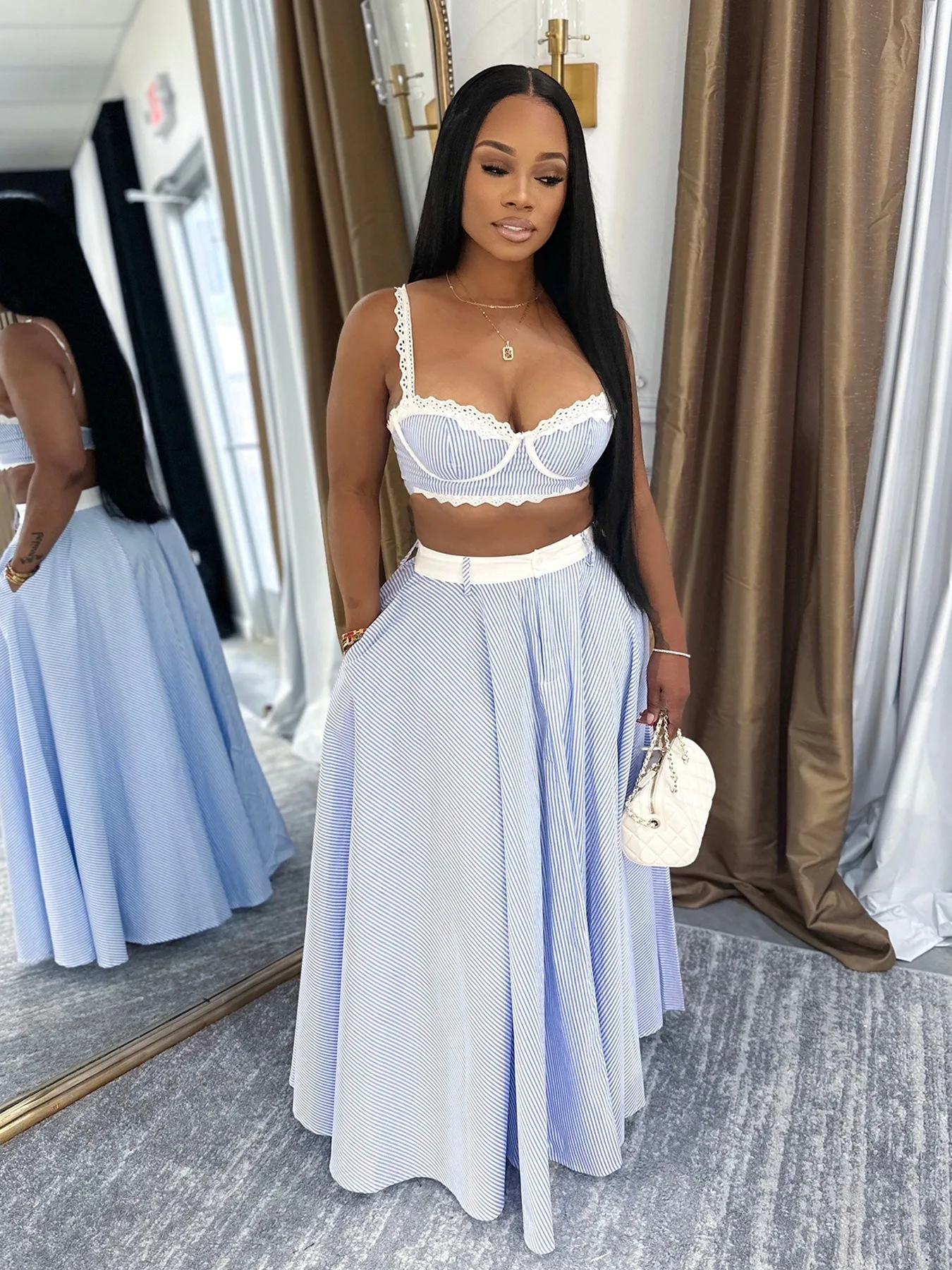 

OL6184 Lace Patchwork Camisole Vest + A-line Skirt Hot Girl Set Women's High Waist Skirt Bras Sweet Blue Beach Summer Two-piece