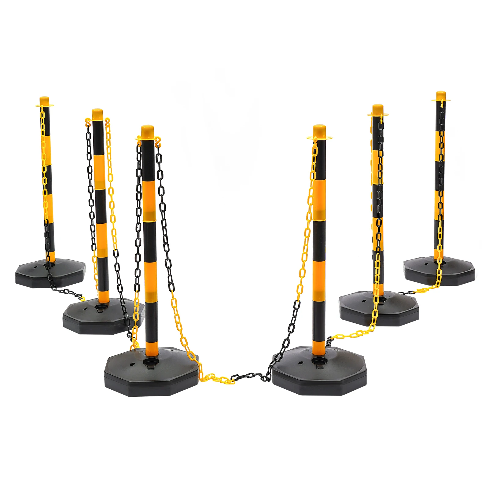 Safety Bollard Set - 6 PE Posts+6 Fillable Bases+5x6.56ft Chains, Adjustable Height, Windproof for Parking Lot/Construction
