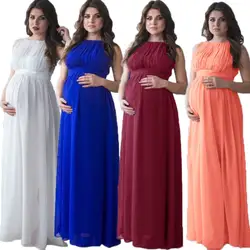 2024 New summer maternity dress solid color Sleeveless Fashion round neck belt waist photo long maternity chiffon dress