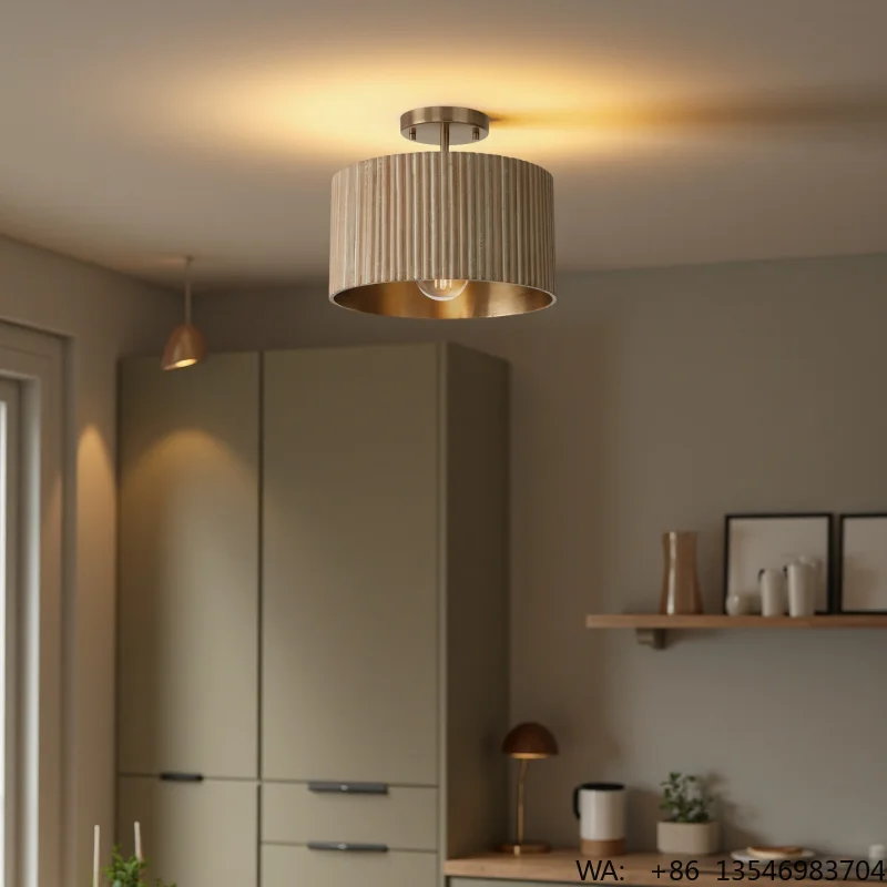 SIMIG Semi Flush Mount Ceiling Light Fixture Gold Drum Light with Gold Fabric Shade for Living Room Bedroom Dining Room