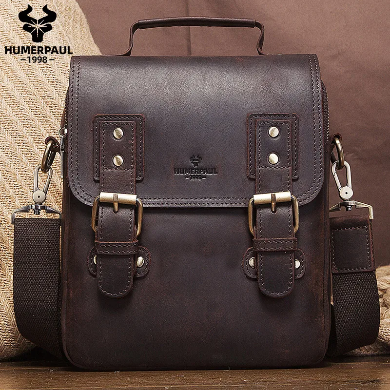 

HUMERPAUL Men's Genuine Leather Crossbody Bag Vintage Satchel Design Shoulder Bag Multi Pocket Sling Totes for Business/Travel