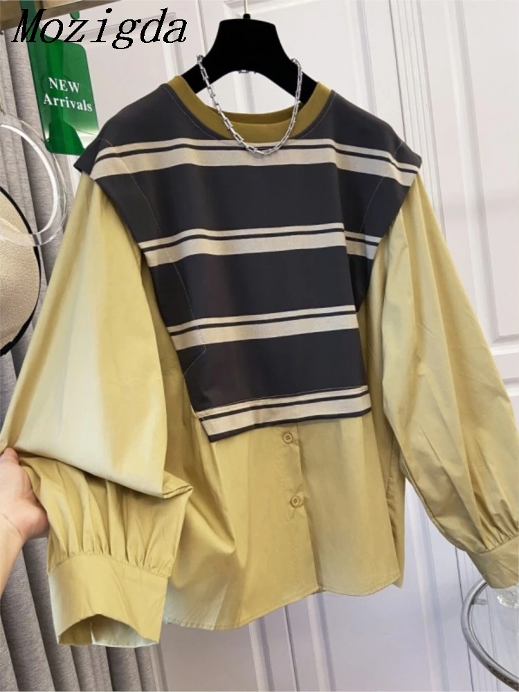 

Fake Two Piece Set Striped Long Sleeve Layered Atmosphere Blouse Niche Oversized Patchwork Half Button Shirt Jacket Ladies Tops