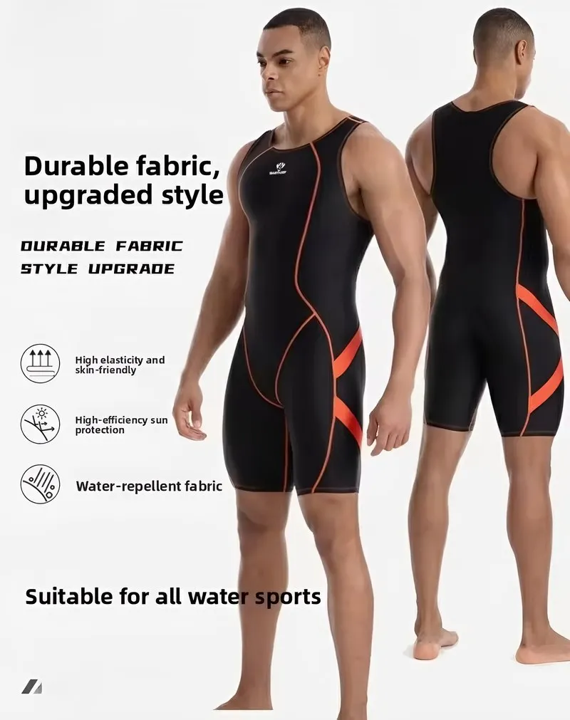 Back Zipper One Piece Swimsuit Knee Length Racing Swimsuit Male Swimming Outfit HXBY Men Women Professional Sporty Swimwear