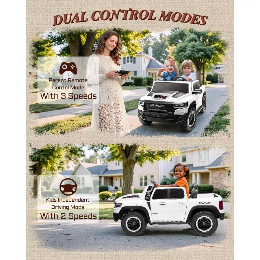 รถยนต์ไฟฟ้า 2 ที่นั่งสำหรับเด็ก RAM 1500 RHO 24V ขับเคลื่อนด้วยแบตเตอรี่ พร้อมรีโมทคอนโทรล ของเล่นเด็กแบบขับขี่ได้ พร้อมไฟ LED และบลูทูธ