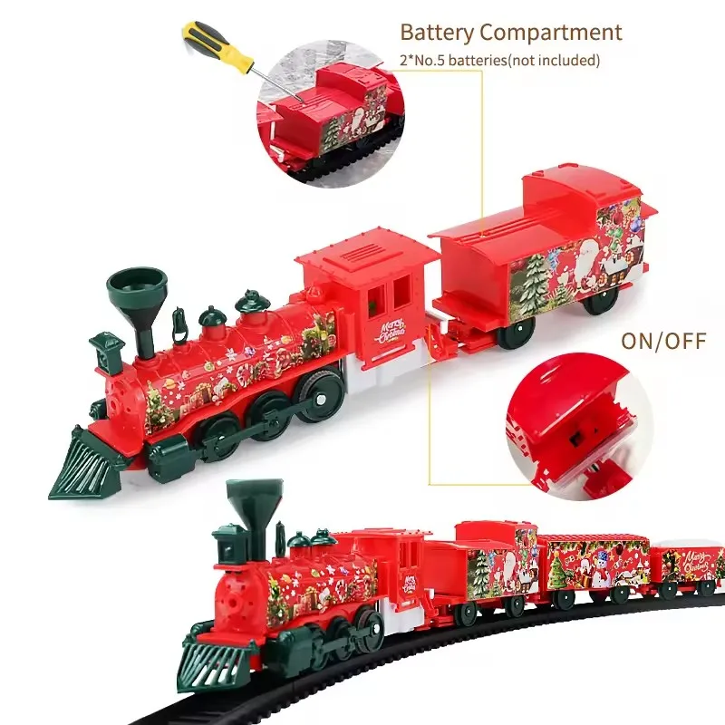 Classico set di treni natalizi con set di binari ferroviari sonori, modelli di giocattoli di treni a batteria, binari ferroviari natalizi