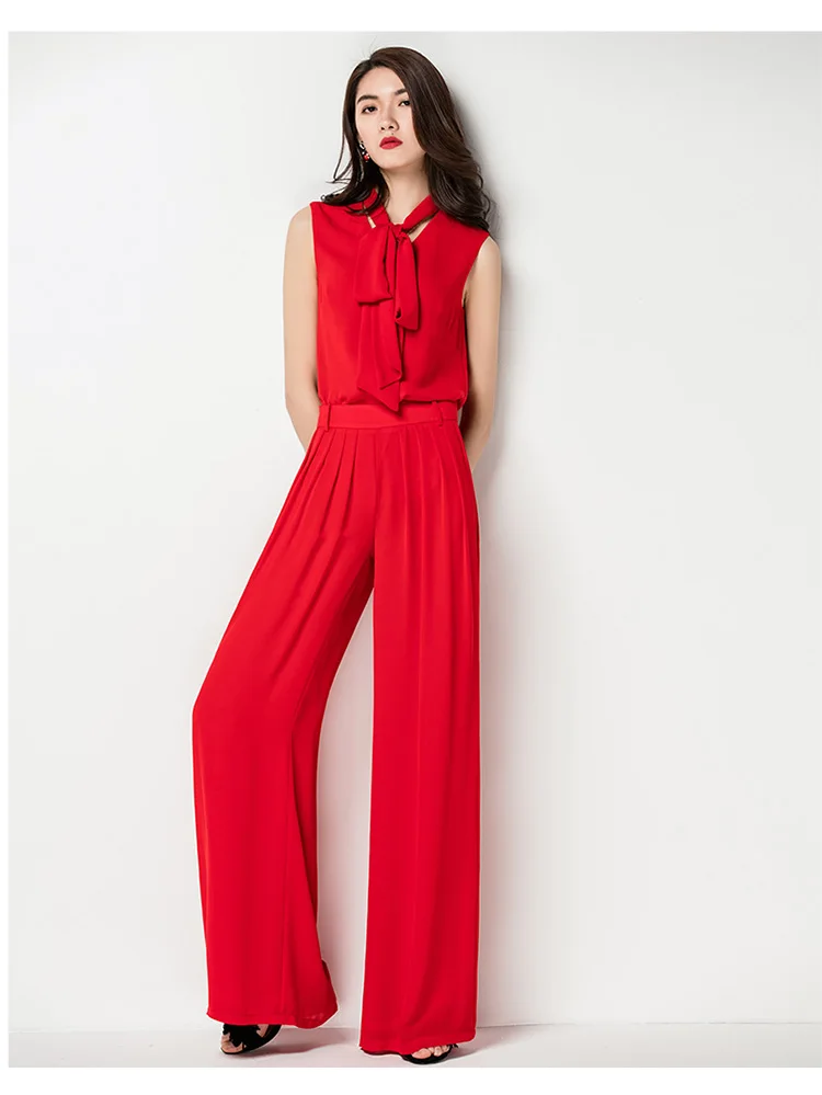 Women's Pants Suit 2023 Summer Fashion Red Sleeve Chiffon Top Wide Leg Pants Two Piece Set